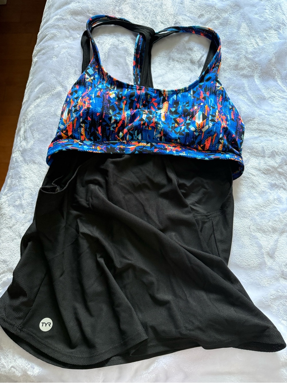 TYR Women's Black Swimdress with Blue & Orange Patterned Top medium